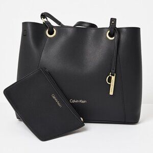 Calvin Klein Black Leather Tote with Gold Hardware + Matching Pouch